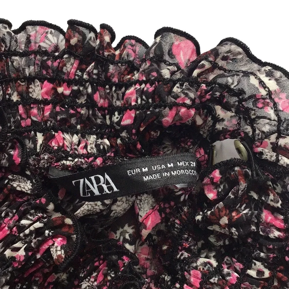 Zara Floral Print Pink Black Ruffle Neck Blouse, size M - Picture 7 of 14